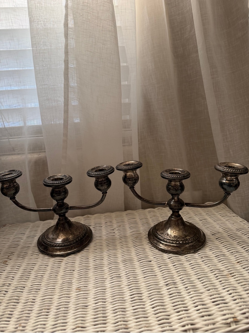Antique-Style Silver 3-Arm Candelabras Pair